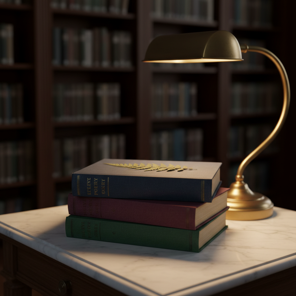 A stack of slightly worn poetry books with textured cloth covers in deep navy, burgundy, and forest green stands on a marble-topped side table. On the top book lies a single pressed fern leaf, its delicate veins clearly visible. Behind the stack, an antique brass desk lamp with a curved neck glows softly, casting a warm pool of light across the covers and leaving the surrounding library shelves in a gentle, velvety shadow. Captured in photographic realism at a three-quarter angle with the stack off-center, the composition uses a shallow depth of field to create an intimate, sophisticated atmosphere, suggesting quiet evenings spent reading and reflecting on verse.