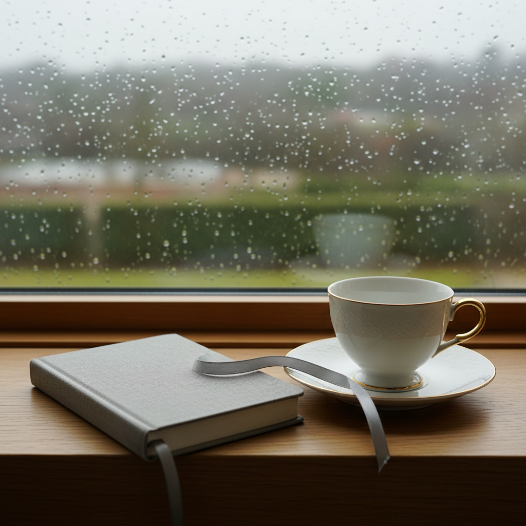 An elegant porcelain teacup with a thin gold rim sits on a small saucer beside a closed, dove-gray journal with a satin ribbon bookmark trailing out. Both rest on a smooth oak windowsill, where faint raindrops pattern the glass behind them. Outside, the world is softly blurred into muted greens and grays. Overcast daylight filters through the window, creating a diffused, silvery illumination that gently reflects on the teacup’s glossy surface and the journal’s matte cover. Shot in photographic realism from a slightly elevated angle, the composition is minimalist and serene, evoking introspective, rainy-day writing sessions for a refined poetry blog.