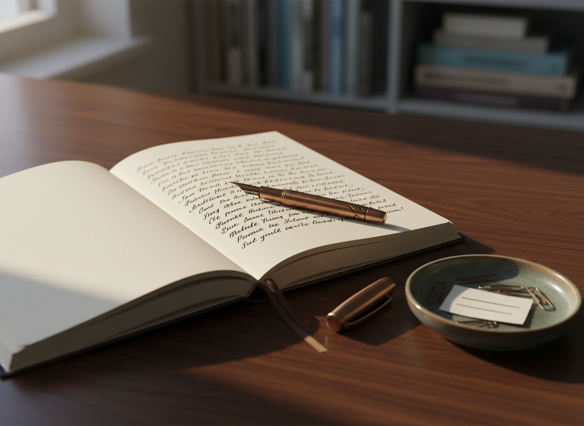 An open linen-bound notebook with creamy, unlined pages lies on a dark walnut writing desk, a single fountain pen resting diagonally across a page filled with elegant, looping handwritten verses. A small ceramic dish holds scattered bronze paperclips and a folded scrap of paper with a few crossed-out lines. Soft morning light from an unseen window to the left washes across the desk, creating gentle highlights on the ink’s subtle sheen and casting long, refined shadows. The background falls into a tasteful blur of bookshelf spines in muted tones. Photographic realism, eye-level composition with a shallow depth of field, evoking a sophisticated, contemplative mood suited to a poetry blog’s homepage hero image.